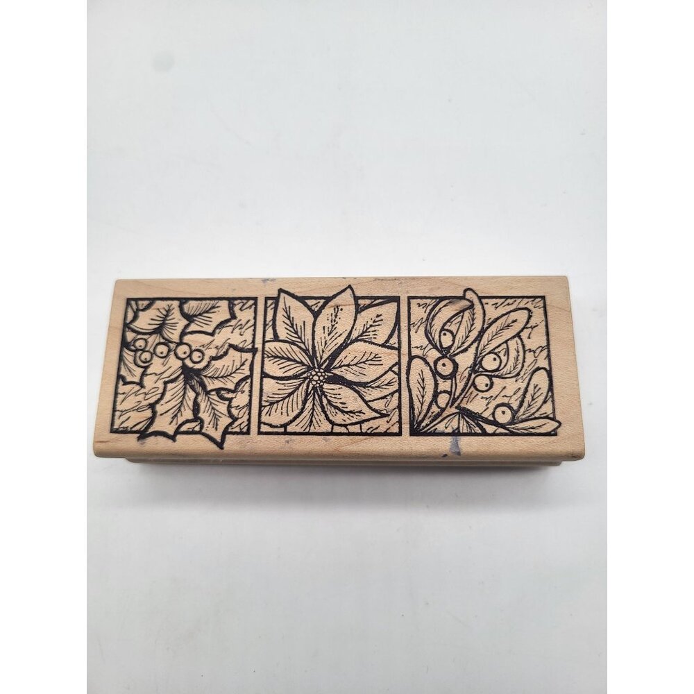 Magenta Wooden Rubber Stamp Block Christmas Poinsetta & Holly Berry Holiday